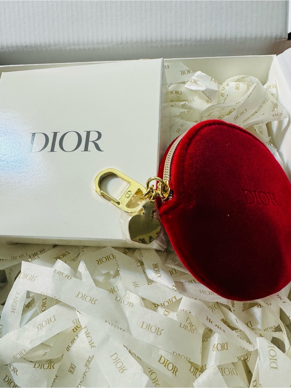 Dior Red Velvet Round Bag Charm Zip Key Pouch with Gold Hardware